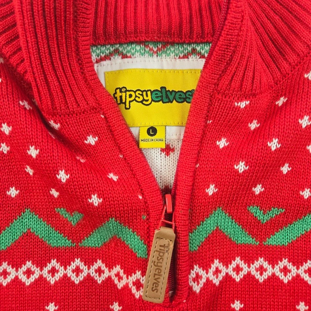 Tipsy Elves Mens Red Reindeer Fair Isle Quarter Zip Christmas Sweater Large NWT
